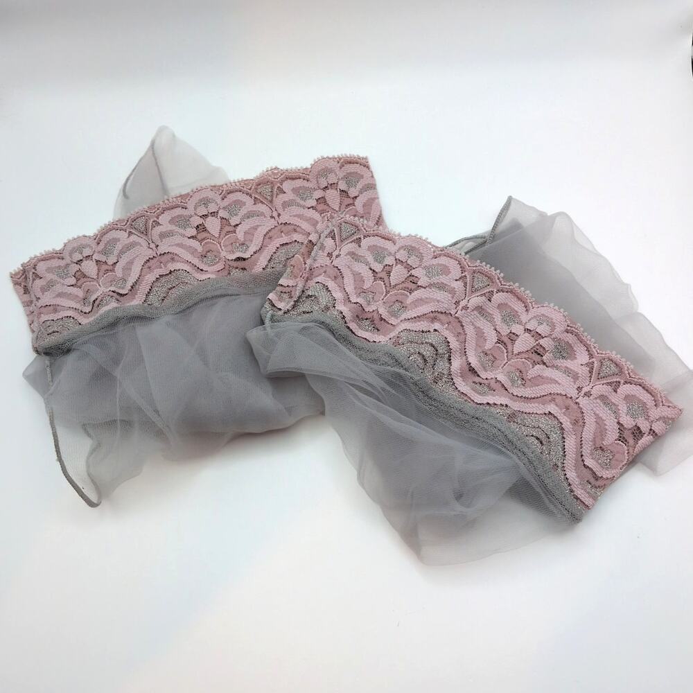 Vintage NWOT Frederick's of Hollywood Grey Pink Thigh High Lace Top Stockings Lg